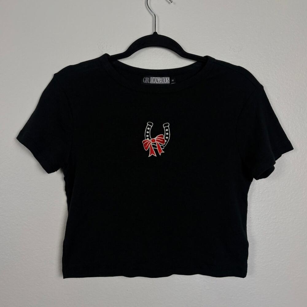 Girl Dangerous Wester Horseshoe Bow Black Cropped Crewneck Tee Medium